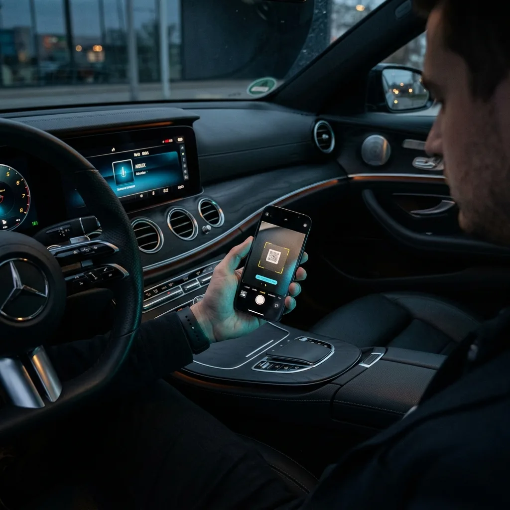 Pessoa utilizando smartphone para escaneamento digital em ambiente automotivo
