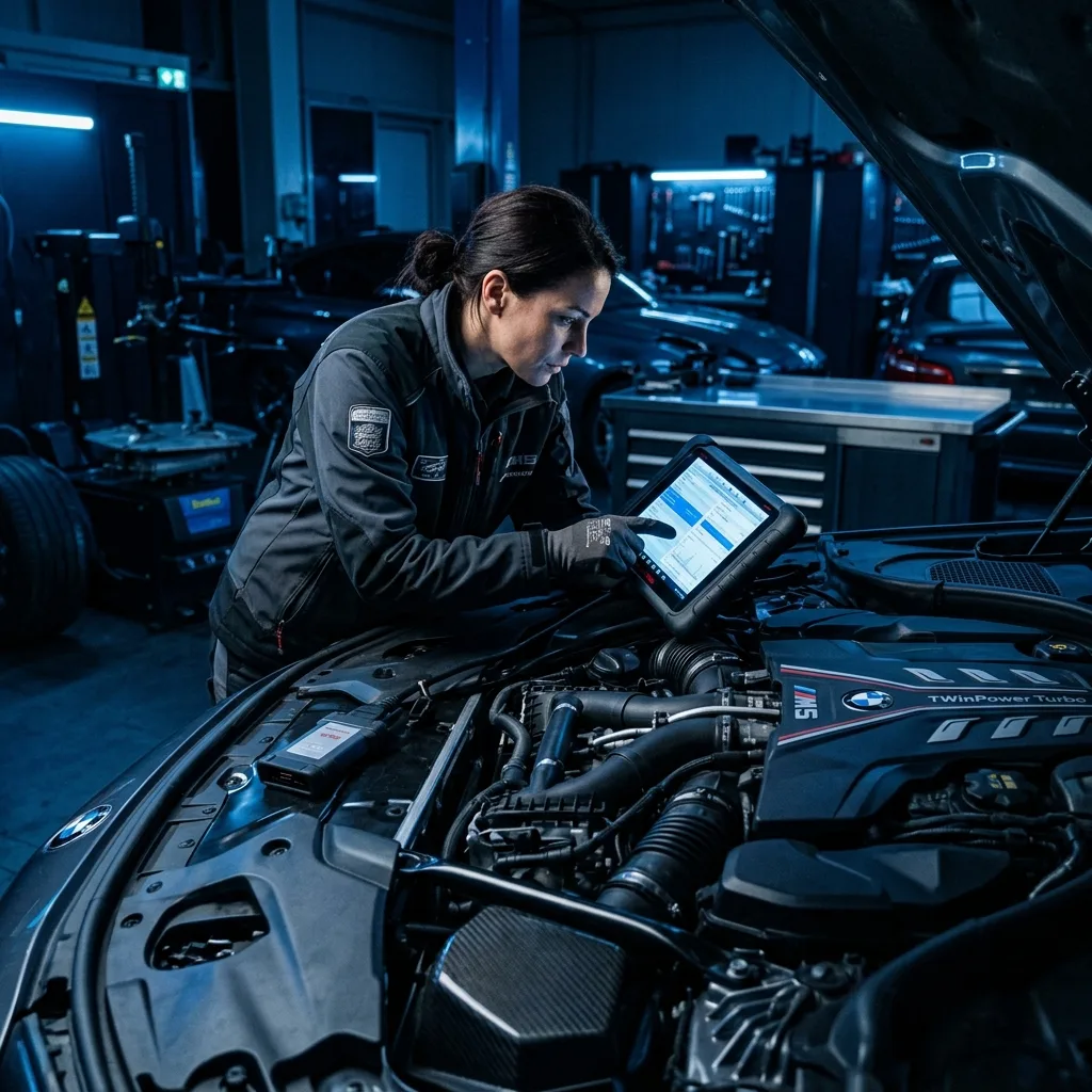 Mecânico profissional realizando diagnóstico eletrônico computadorizado